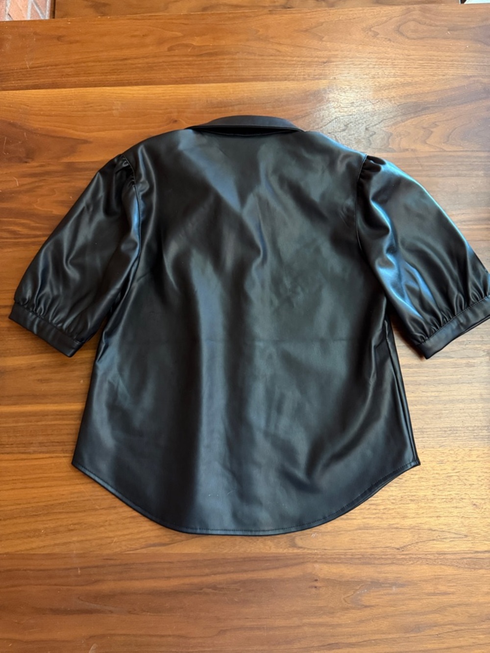 Steve Madden Black Faux Leather Puff Sleeve Button-Front Top - Picture 6 of 6